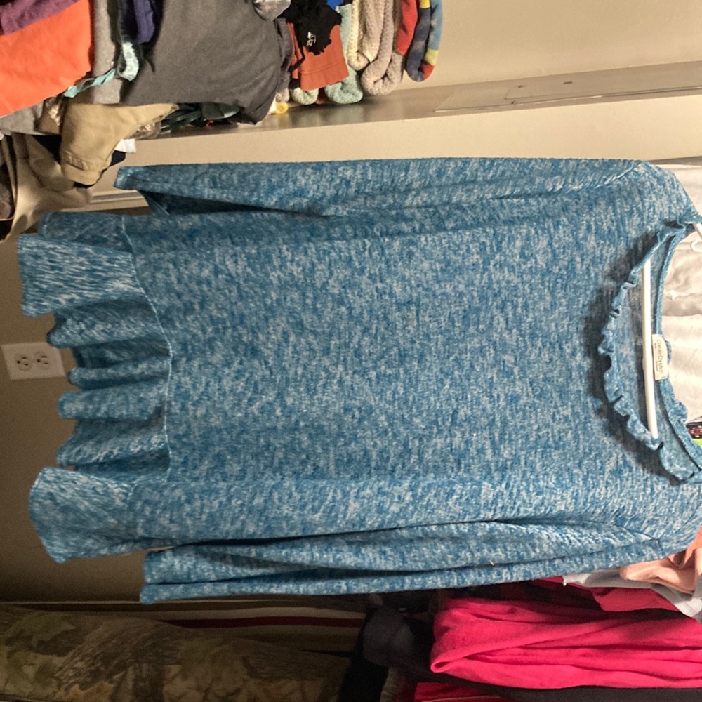 Ruffle bottom teal blue sweater. Womens large